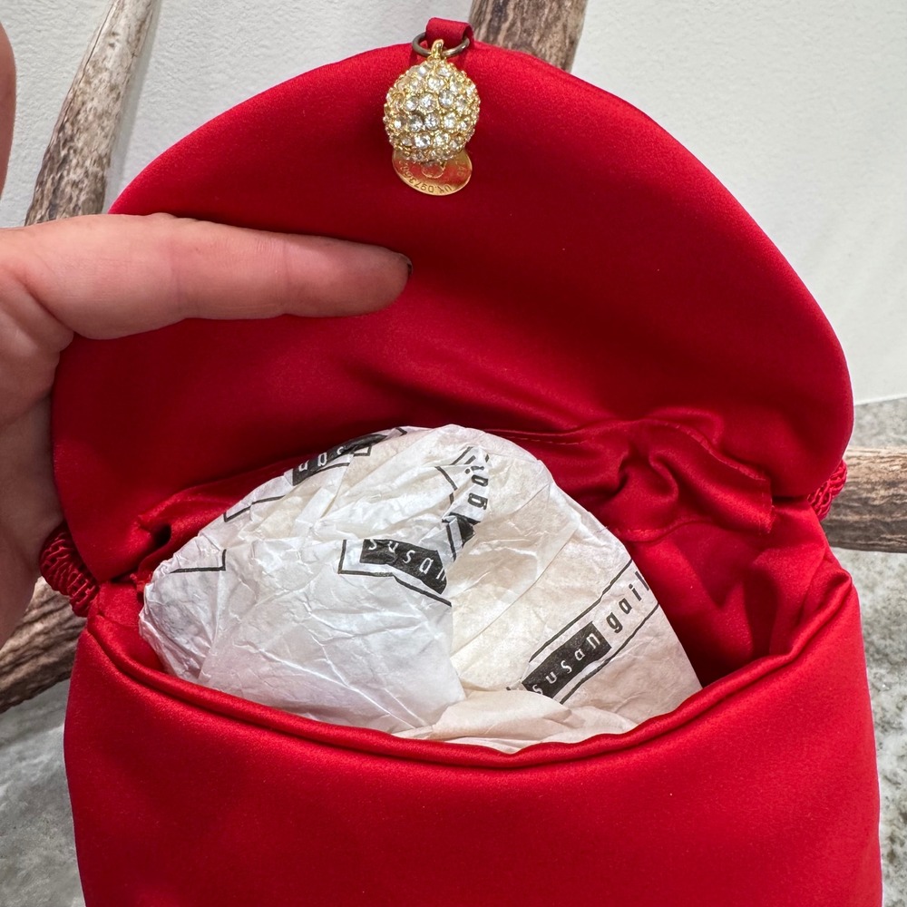 Susan Gail Vintage Red Satin Evening Crossbody Bag Rhinestone Orb Charm NWT - Picture 5 of 10